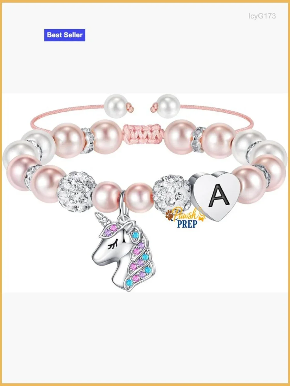 Adjustable Unicorn Charm Bracelet with Heart Initial, Pearl Accents, Kids